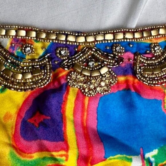 Vintage Hand Beaded Kaftan Dress With Vibrant Abstract Print 3/4 Sleeves Size M - Picture 8 of 14